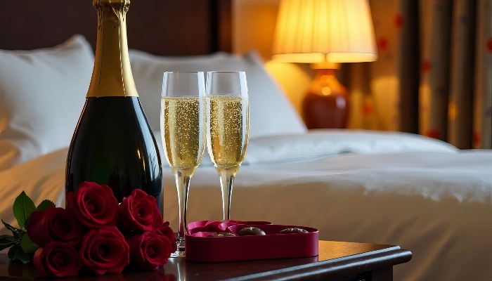 Prosecco, Chocolates & Roses in hotel room