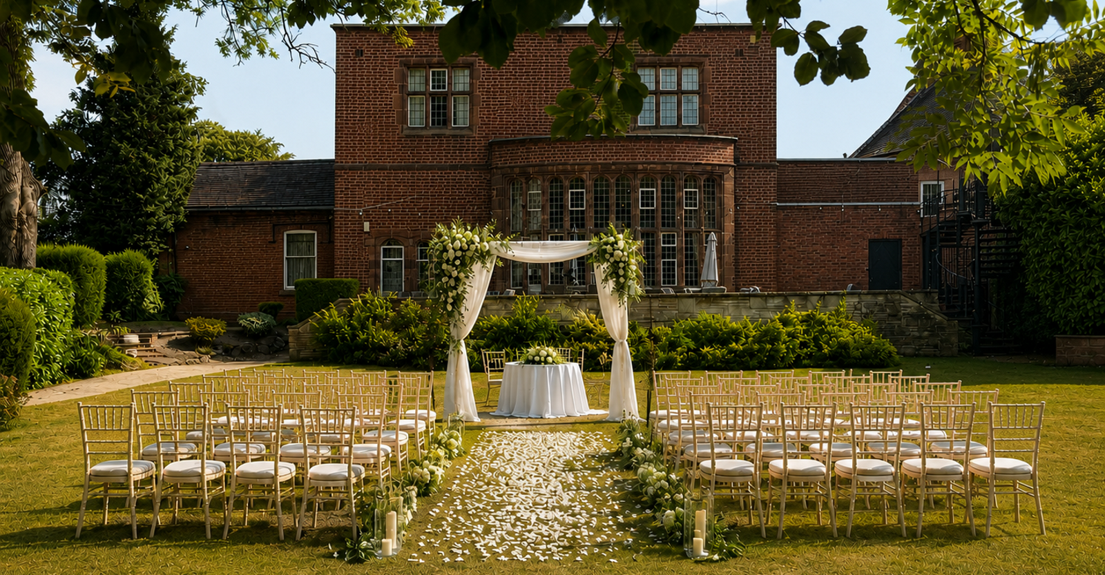 Outdoor wedding ceremony on the lawn at the Plough and Harrow Hotel