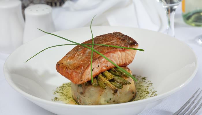 Scottish salmon main course at One O Eight restaurant Whitburn