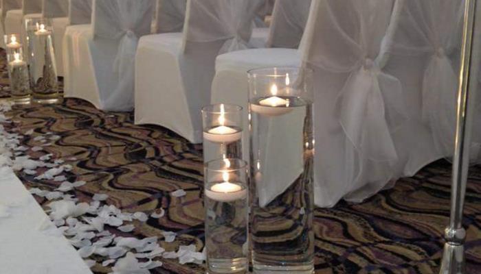 Hilcroft Ceremony cylinders pillar lights Chuppa Full Room Draping chair drapes floor standing candelabras 2